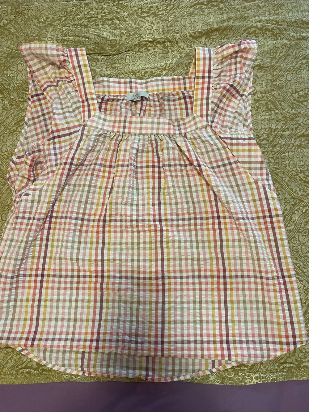 LOFT Pink, Yellow & Cream Gingham Ruffle Sleeve Top
